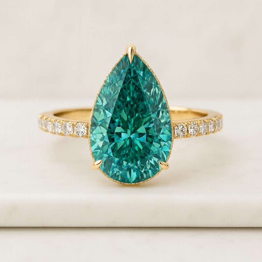Green Pear Cut Engagement Ring Halo Moissanite Diamond Ring Half Eternity Solitaire Wedding Ring Pave Band Teardrop Bridal Ring Gift