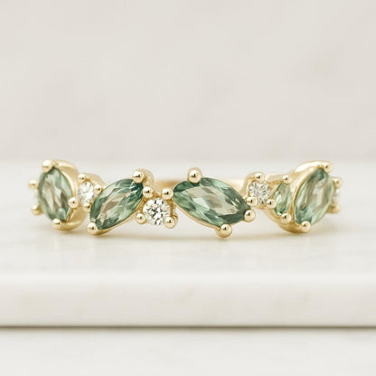 Green Peridot Wedding Band Marquise Cut Gemstone Ring Full Eternity Matching Band Diamond Promise Ring August Birthstone Gift For