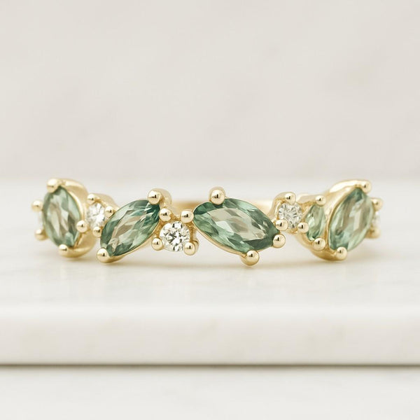 Green Peridot Wedding Band Marquise Cut Gemstone Ring Full Eternity Matching Band Diamond Promise Ring August Birthstone Gift For