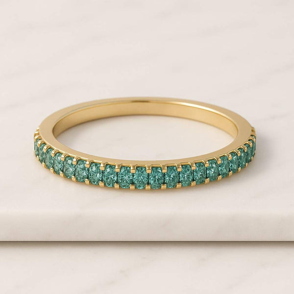 Green Princess And Round Lab Grown Diamond Wedding Band 14K Yellow Gold Sapphire Half Eternity Wedding Stacking Ring For Her Matching Band