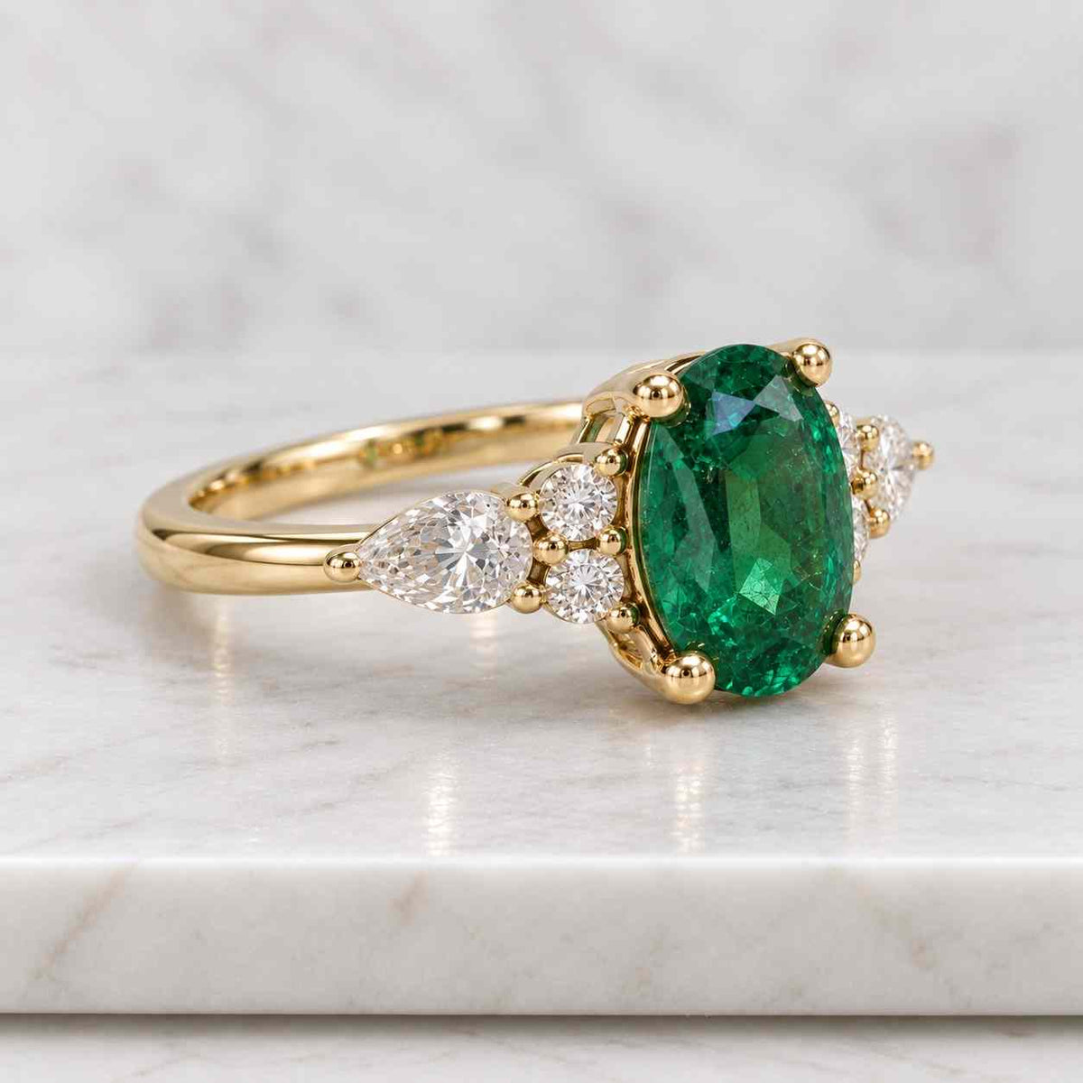 green sapphire ring, three stone sapphire engagement ring, oval yellow gold ring, diamond gold ring, triple stone sapphire ring by sapheena
