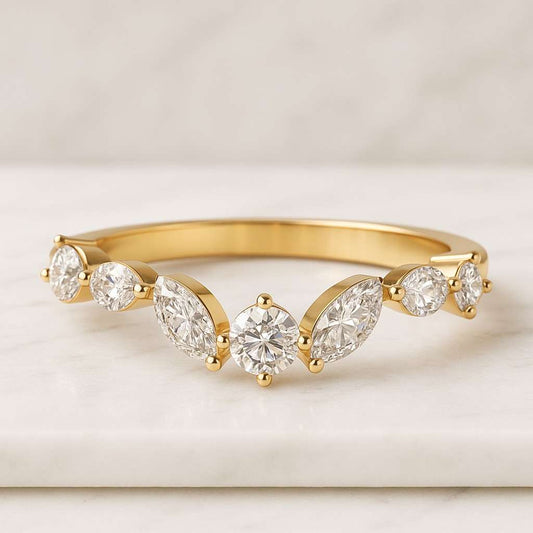 Half Eternity White Diamond Ring Round Cut Natural Diamond Wedding Ring Yellow Gold Promise Ring