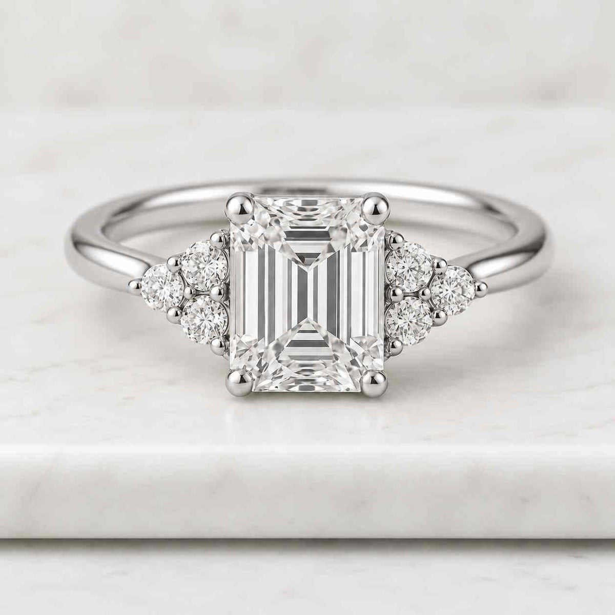 half bezel igi certified 3 carat e/vvs2 total emerald cut lab grown three stone diamond engagement ring