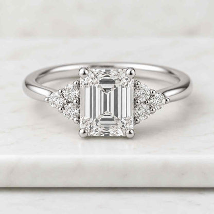 Half Bezel IGI Certified 3 Carat E/VVS2 Total Emerald Cut Lab Grown Three Stone Diamond Engagement Ring
