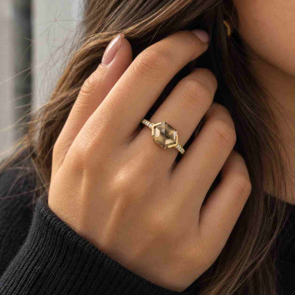 Half Bezel Set Hexagon Cut Salt And Pepper Diamond Ring, Solid Yellow Gold Channel With Prong Set Ring, Minimalist Ring, Engagement Ring