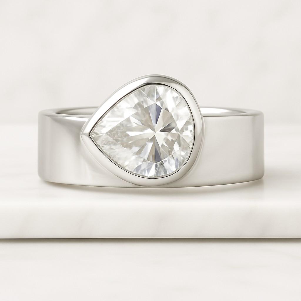 Half Bezel Set Sterling Silver Gold Pear Cut Lab Grown Diamond Engagement Ring