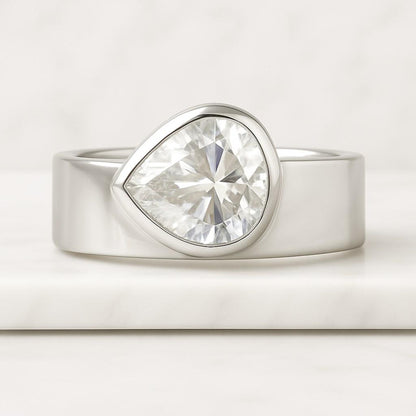 Half Bezel Set Sterling Silver Gold Pear Cut Lab Grown Diamond Engagement Ring