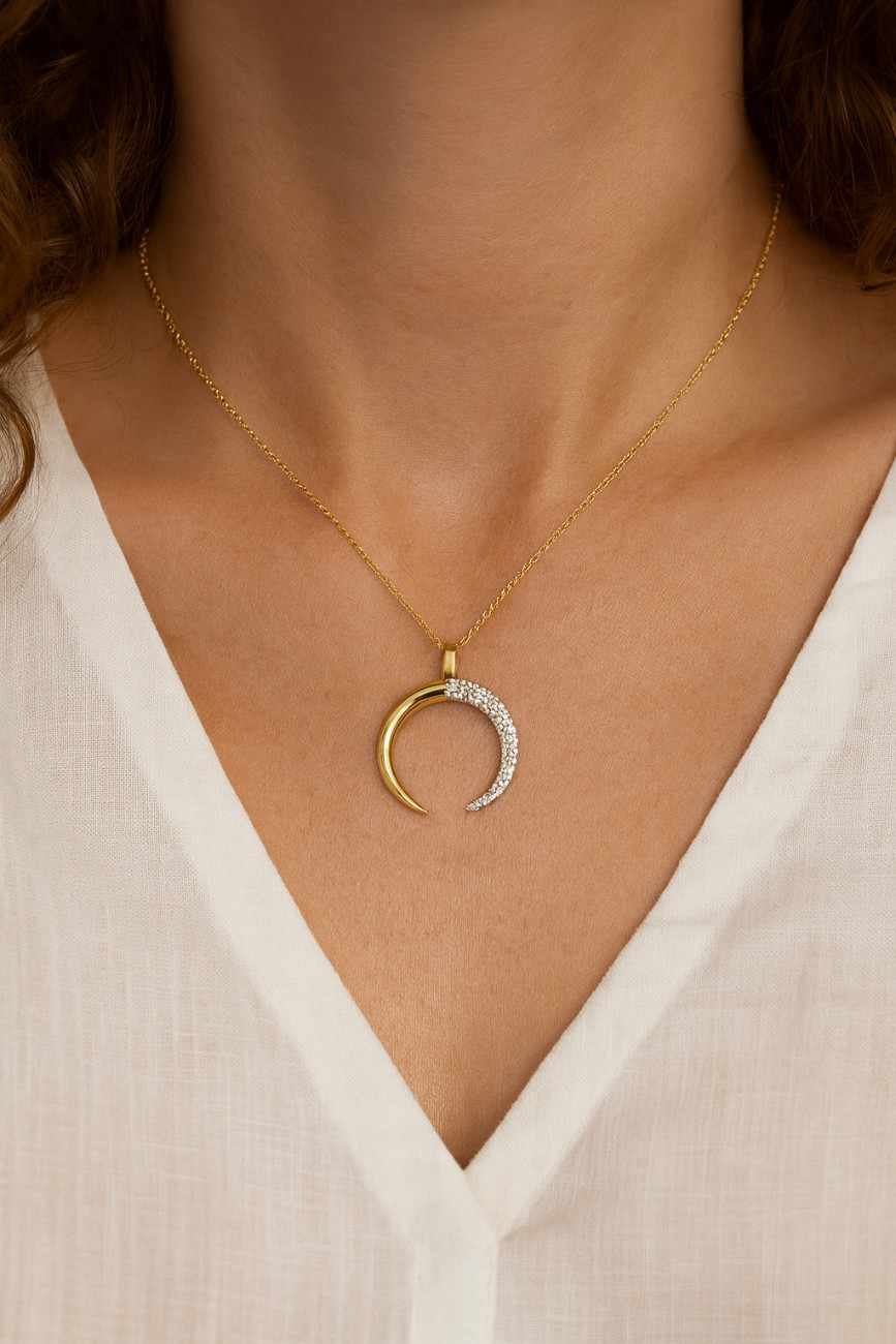 Half Moon Dainty Silver Moissanite Pendant with Chain