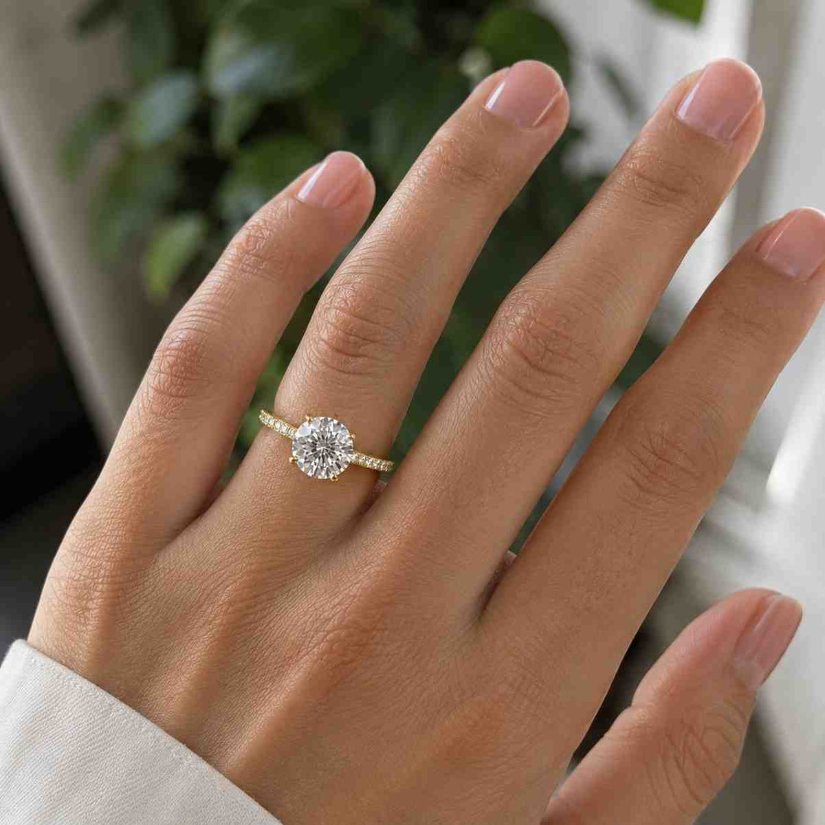 half pave solid gold round cut moissanite engagement ring, hidden halo round cut wedding ring