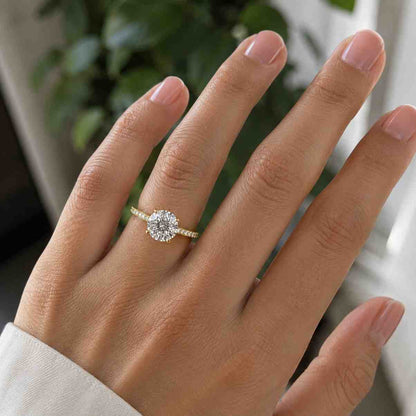 Half Pave Solid Gold Round Cut Moissanite Engagement Ring, Hidden Halo Round Cut Wedding Ring