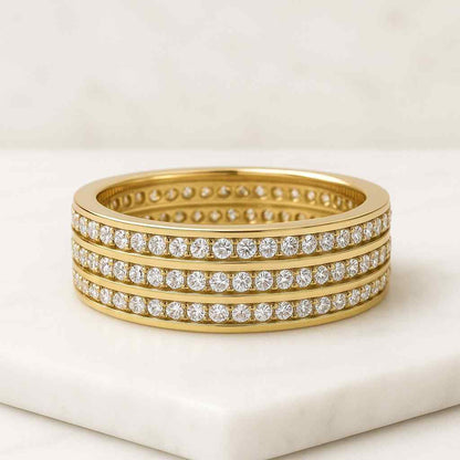 Half Way 14K Gold Ring Bridal Promise Rings for Women Round Cut Diamond CZ Wedding Band Triple Row Channel Pave Full Eternity Stackable Ring