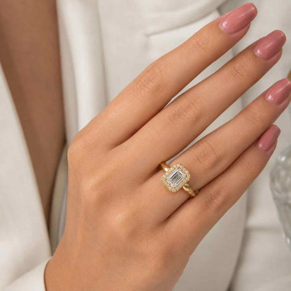 Halo Emerald Cut Lab Grown Diamond Engagement Ring, Lab Diamond Accent Ring For Wedding Gift, 14k Gold Emerald Diamond Anniversary Ring Gift