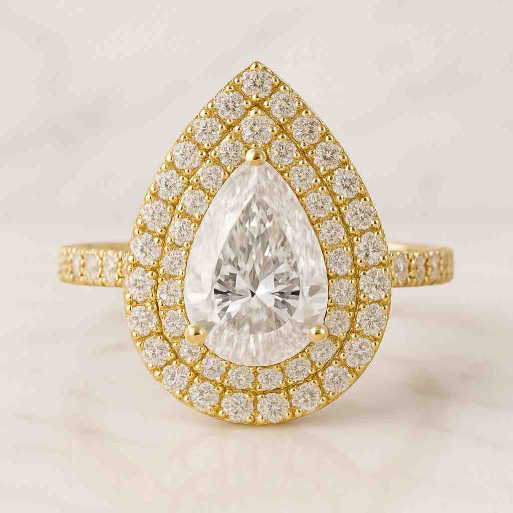 Halo Engagement Ring0.5CT Champagne Pear with Round cut Double Halo Bridal Silver Ring