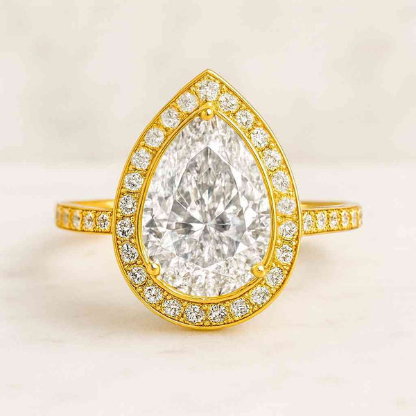 Halo Engagement Ring Pear Cut Lab Grown Diamond Ring Micro Pave Wedding Ring for Women