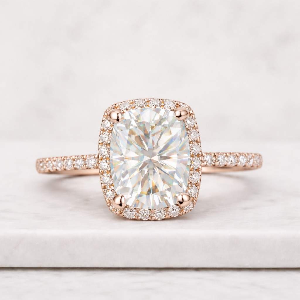 2.54 TCW Cushion Cut Halo Moissanite Ring|14k Solid White Gold|Square Cut Solitaire Wedding Ring|Handmade Halo|Half Eternity|Gifts For Women
