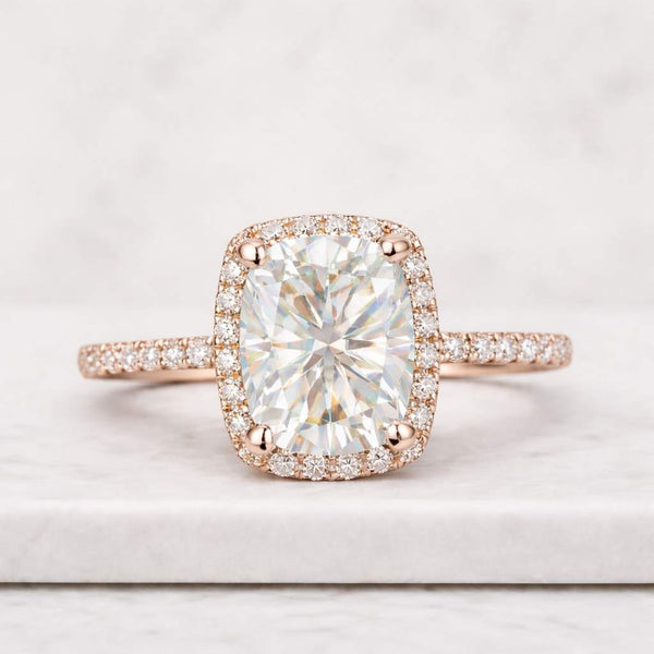 2.54 TCW Cushion Cut Halo Moissanite Ring|14k Solid White Gold|Square Cut Solitaire Wedding Ring|Handmade Halo|Half Eternity|Gifts For Women
