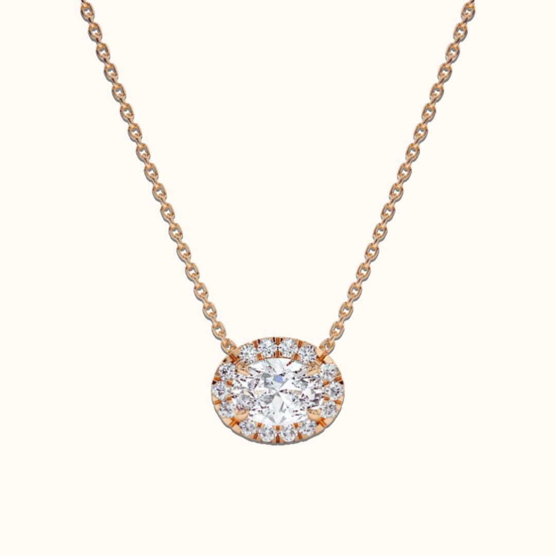 Halo Oval Moissanite Necklace In 14k Solid Yellow Gold