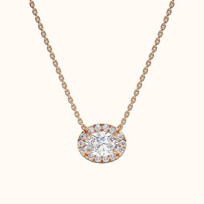 Halo Oval Moissanite Necklace In 14k Solid Yellow Gold