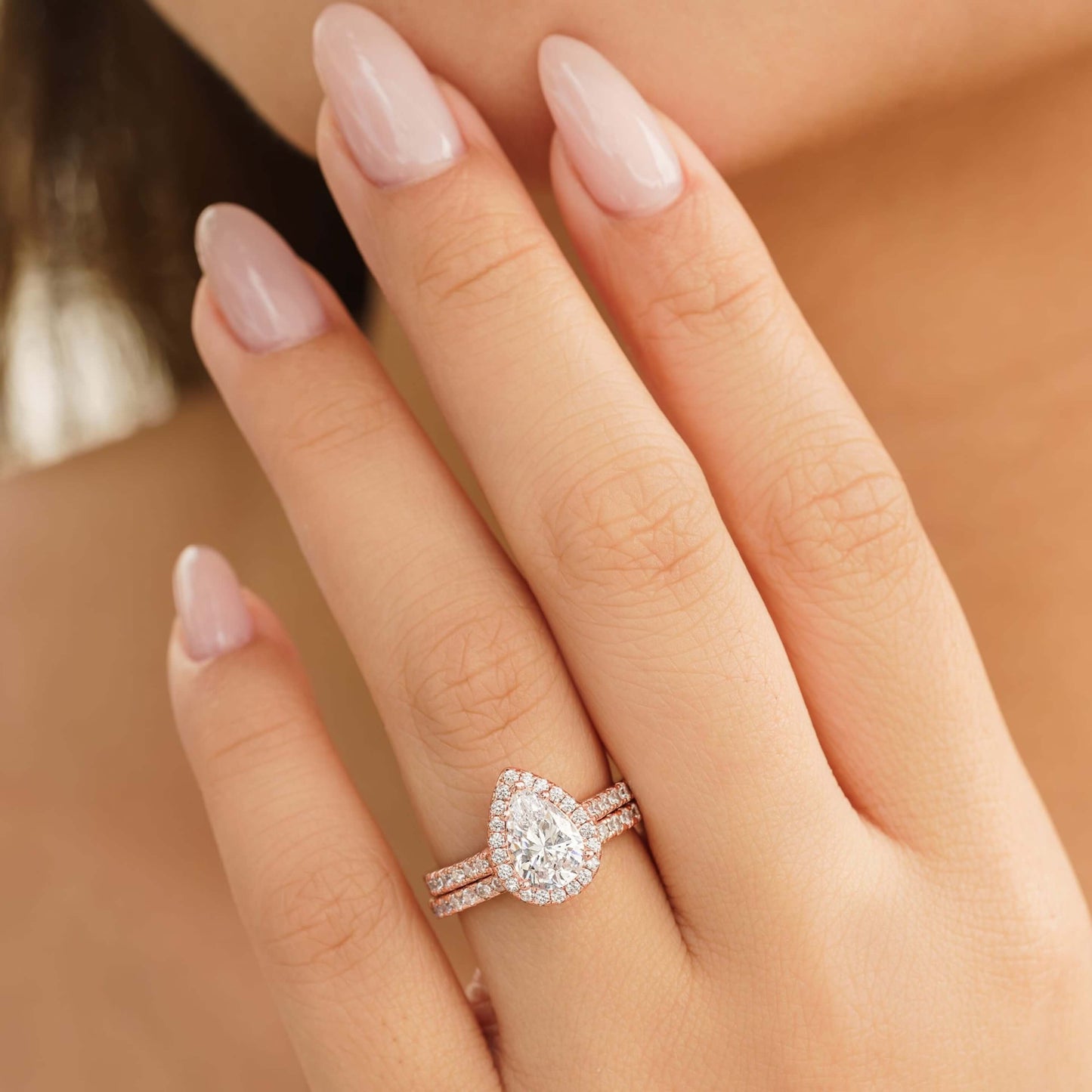 Halo Pear Cut Diamond Bridal Set Engagement Ring