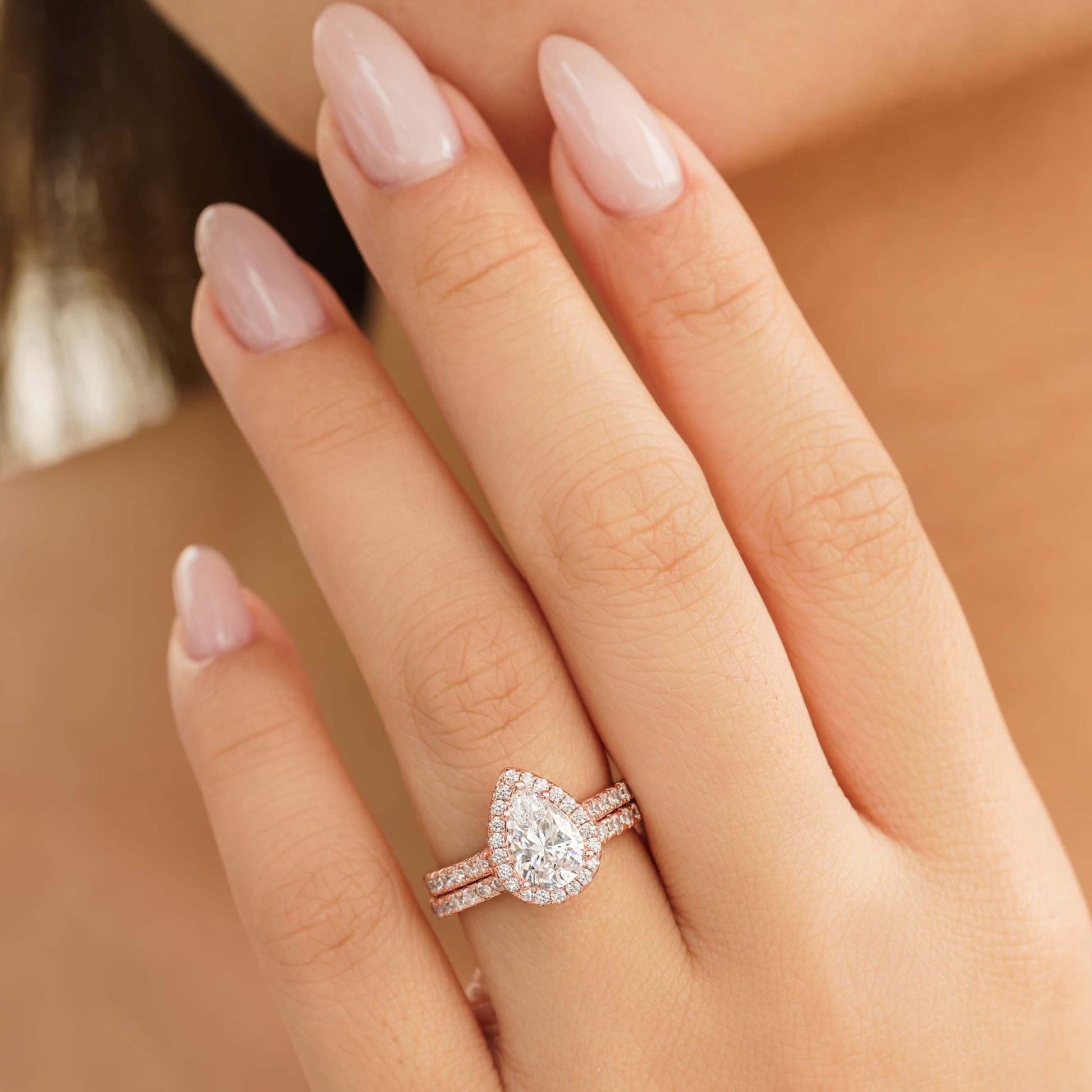 Halo Pear Cut Diamond Bridal Set Engagement Ring