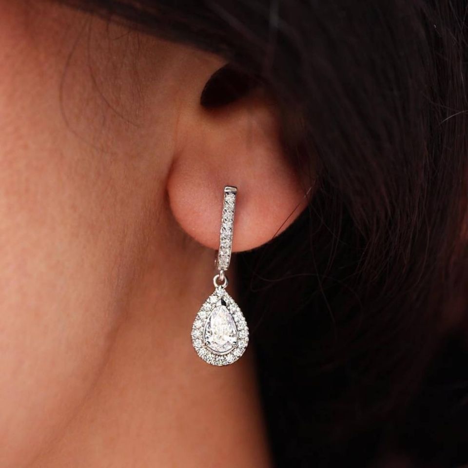Halo Pear Prong Hoop Earrings Settings with 4MM Round Settings on Top,Solid 925 Sterling Silver Rose Gold Plated Earrings