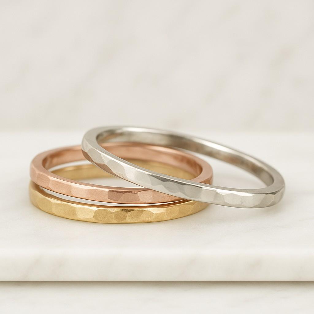 Hammered Flat Gold Wedding Band for Women Solid 9K 14K 18K Yellow Rose or White Gold Ring