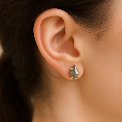 Hammered Salt and Pepper Diamond Stud Earrings Tiny Solid Recycled Gold Disc Studs