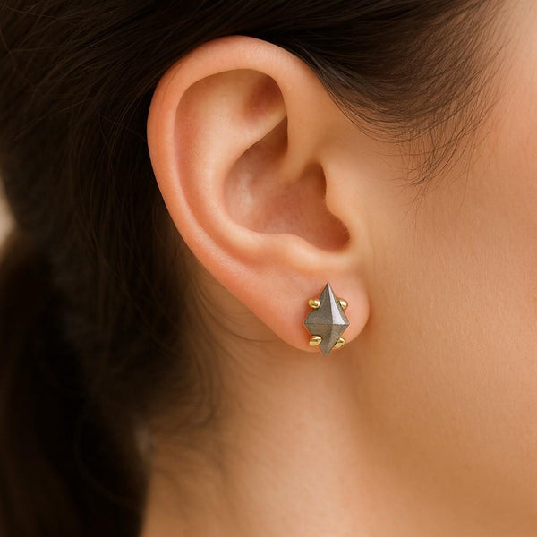 Hammered Salt and Pepper Diamond Stud Earrings Tiny Solid Recycled Gold Disc Studs