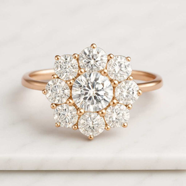 Handcrafted 3 Flower Engagement Ring Gift For Women Round Lab Diamond Flower Halo Engagement Ring