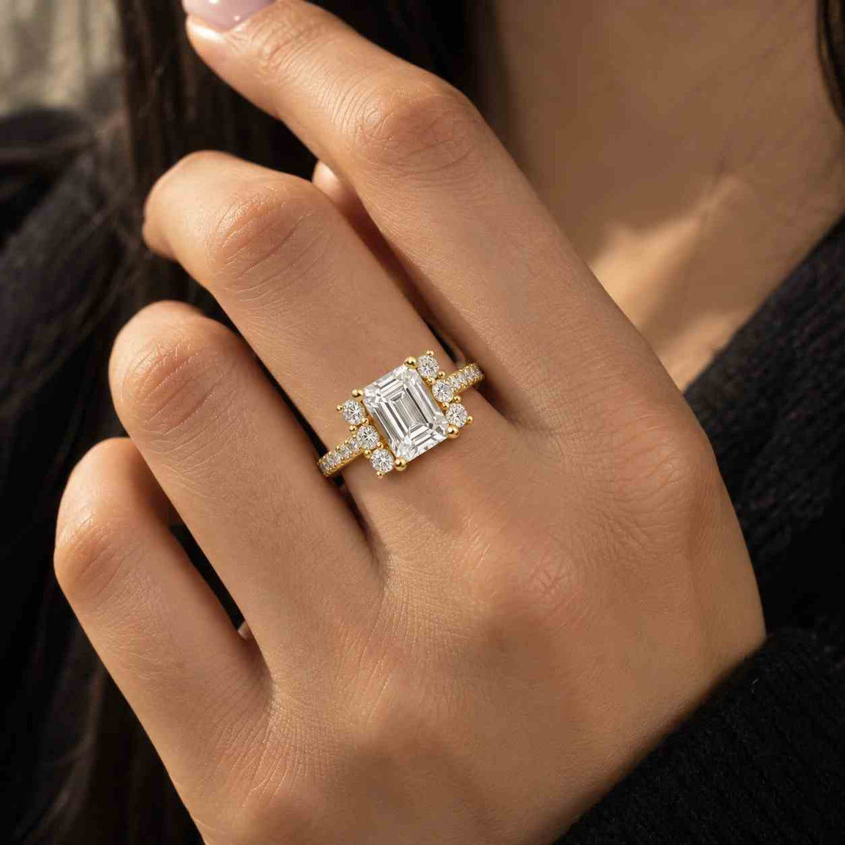 handmade art deco emerald cut diamond ring, 1 to 3 ct lab grown diamond engagement ring, floral basket set ring, yellow/white/rose gold ring
