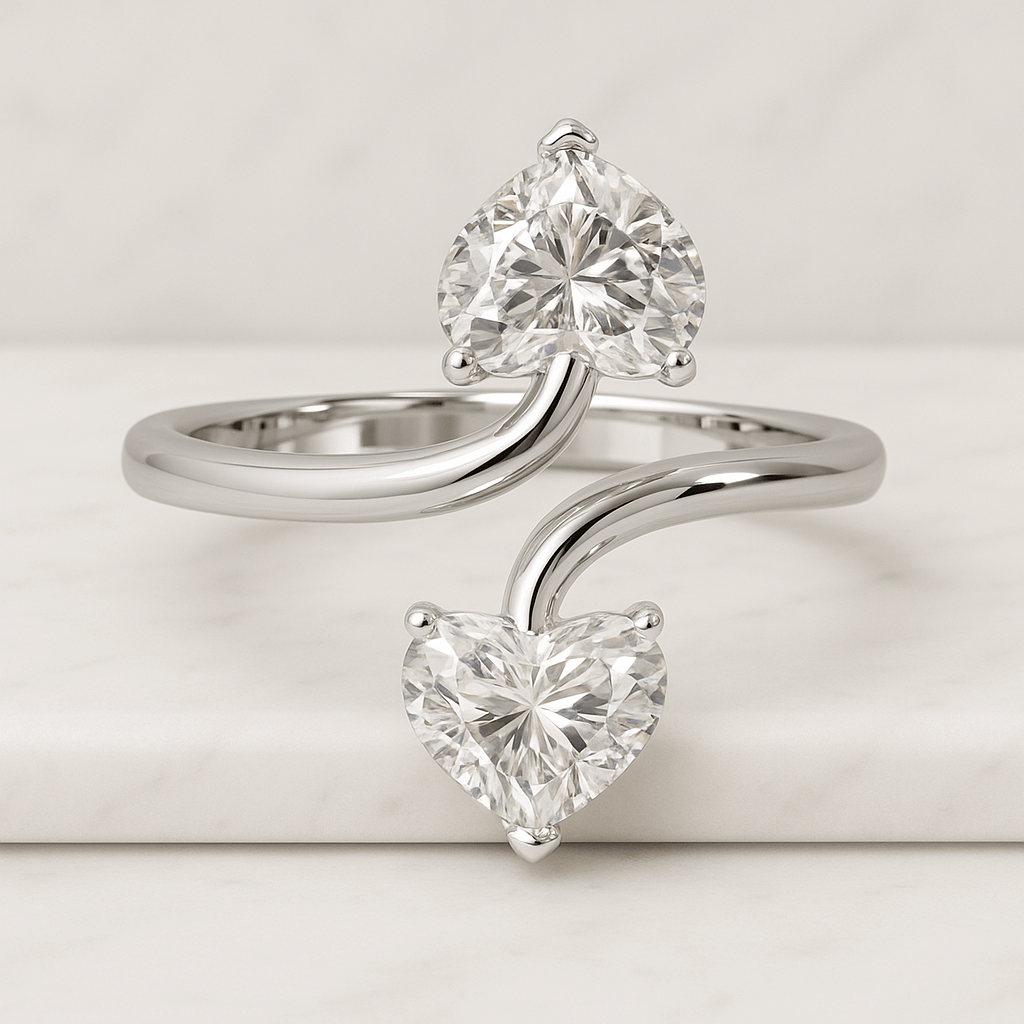 Moissanite Toi Et Moi Ring Pear Heart Cut Solid Gold or Sterling Silver Band