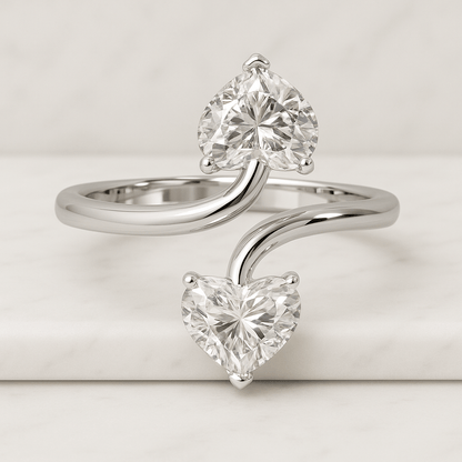 Moissanite Toi Et Moi Ring Pear Heart Cut Solid Gold or Sterling Silver Band