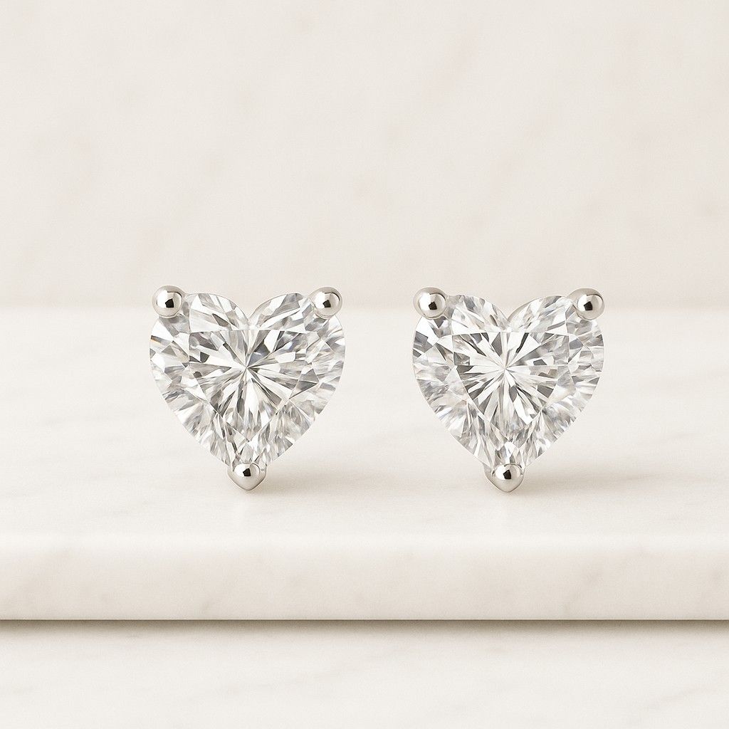 Heart Cut Natural Diamond Solitaire Earrings  Three Prong Set Heart Natural Diamond Stud