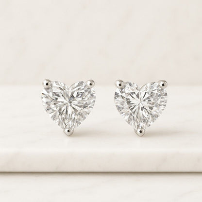 Heart Cut Natural Diamond Solitaire Earrings  Three Prong Set Heart Natural Diamond Stud