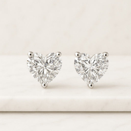 Heart Cut Natural Diamond Solitaire Earrings  Three Prong Set Heart Natural Diamond Stud