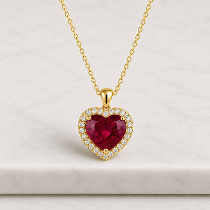 Heart Red Ruby Necklace, Gold Halo Heart Pendant with White Moissanite, Romantic Jewelry Gift for Her, Valentine’s Day Necklace 