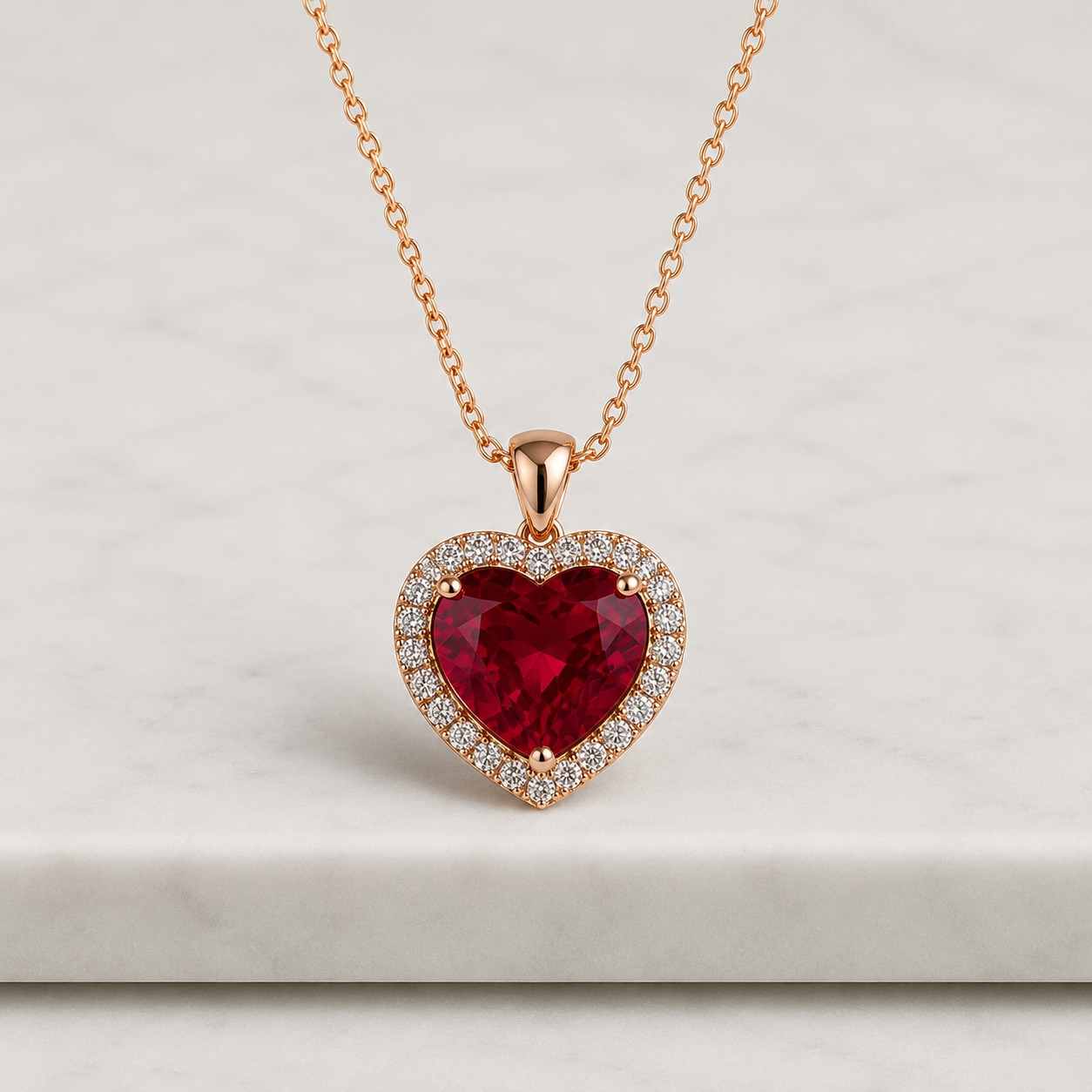 heart shaped red ruby necklace, gold halo heart pendant with white moissanite, romantic jewelry gift for her, valentine’s day necklace
