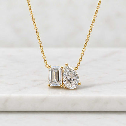 Heart Shaped Toi et Moi Necklace, Lab Diamond Necklace For Anniversary Gift, 14K Gold Two Stone Necklace For Couple Gift, Heart Necklace
