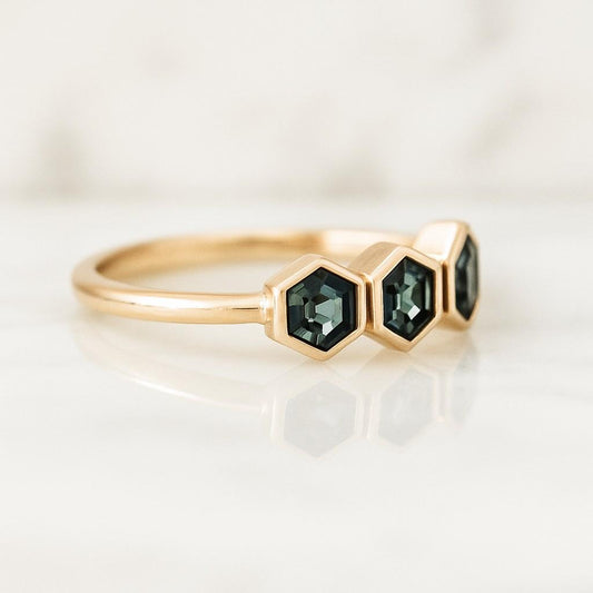 Hexagon Alexandrite Yellow Gold Band Celestial Galaxy Rainbow Birthstone Ring