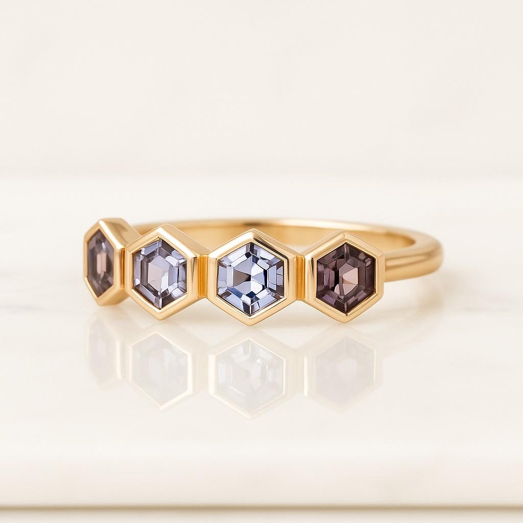 Hexagon Cut Alexandrite Wedding Band Rose Gold Marquise Cut Blue Sapphire Ring Art Deco Bridal Stacking Matching Band