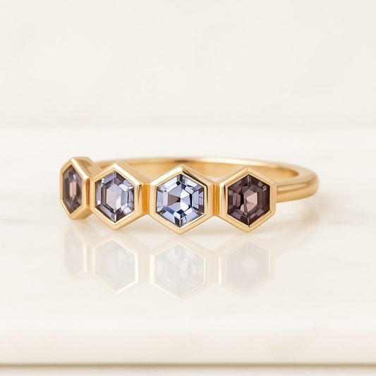 Hexagon Cut Alexandrite Wedding Band Rose Gold Marquise Cut Blue Sapphire Ring Art Deco Bridal Stacking Matching Band