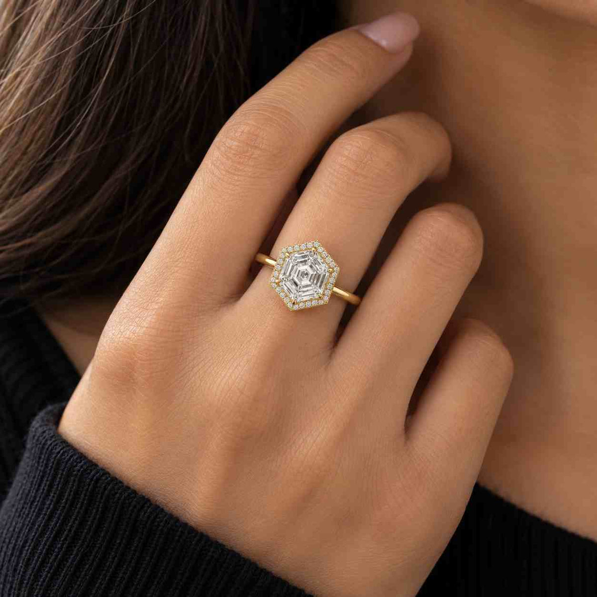 Hexagon Diamond Solitaire Engagement Ring, 