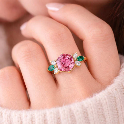 Hexagon Pink Tourmaline Engagement Ring Moss Agate Diamond Cluster Ring