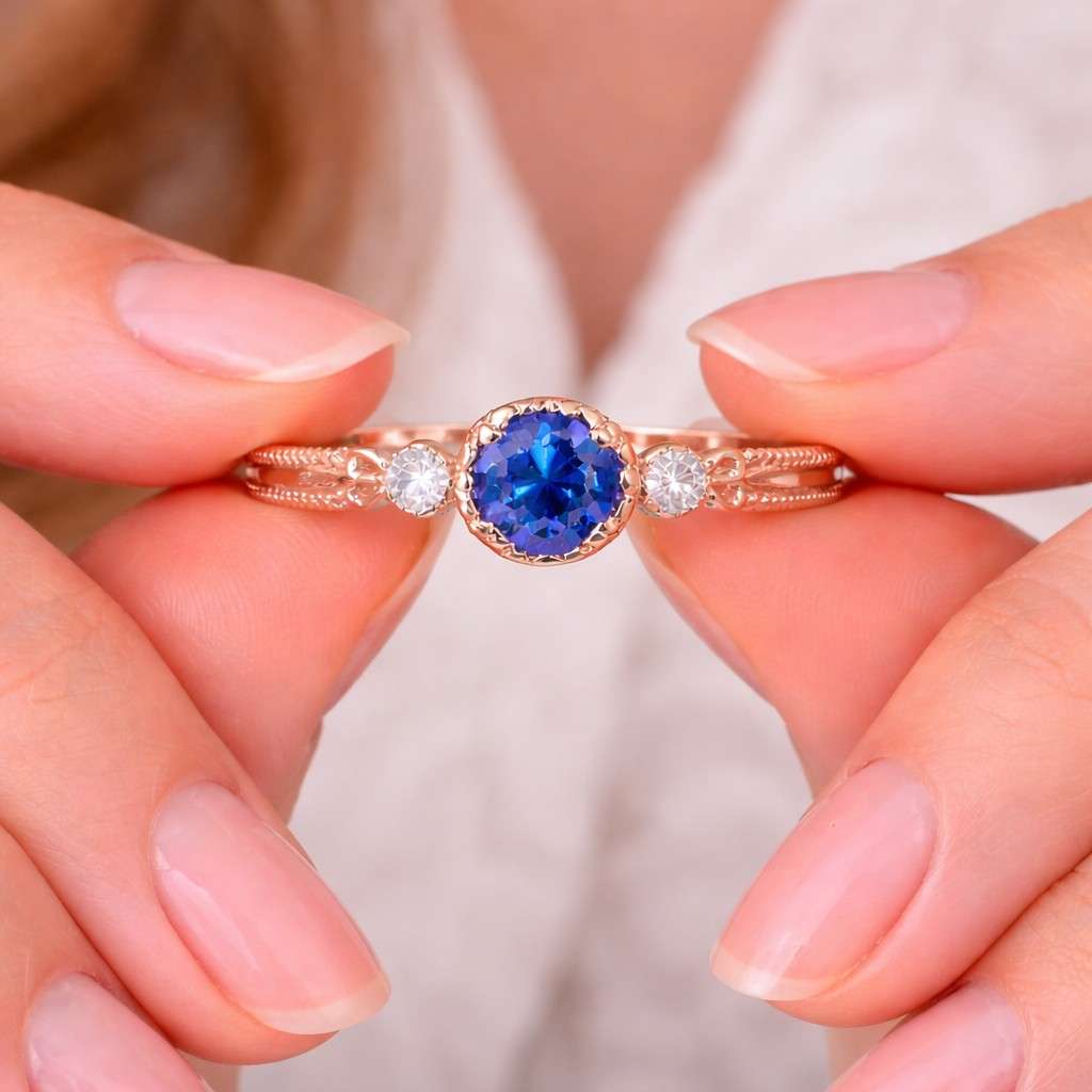 Vintage Royal Sapphire Engagement Ring Engraved Leaf Floral Wedding Band With Diamonds 14k Solid Gold Ring Handmade Anniversary Ring Gift

