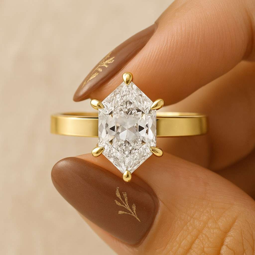 Hexagon Shape Moissanite Engagement Ring Step Cut Halo Wedding Anniversary Gift Unique Engagement or Valentine Gift Valentines Day Gift