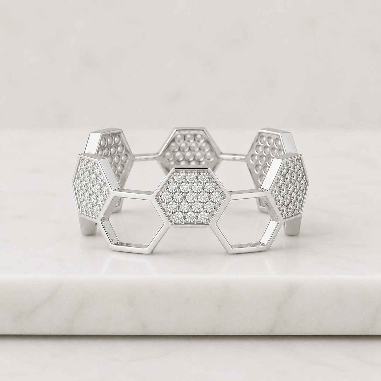 Hexagon Shape Wedding Band, Geometric Gold Ring, Round Cut Lab Grown Diamond Band, Unique Art Deco Inspired Ring, 14K Gold Honeycomb Band
