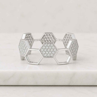 Hexagon Shape Wedding Band, Geometric Gold Ring, Round Cut Lab Grown Diamond Band, Unique Art Deco Inspired Ring, 14K Gold Honeycomb Band
