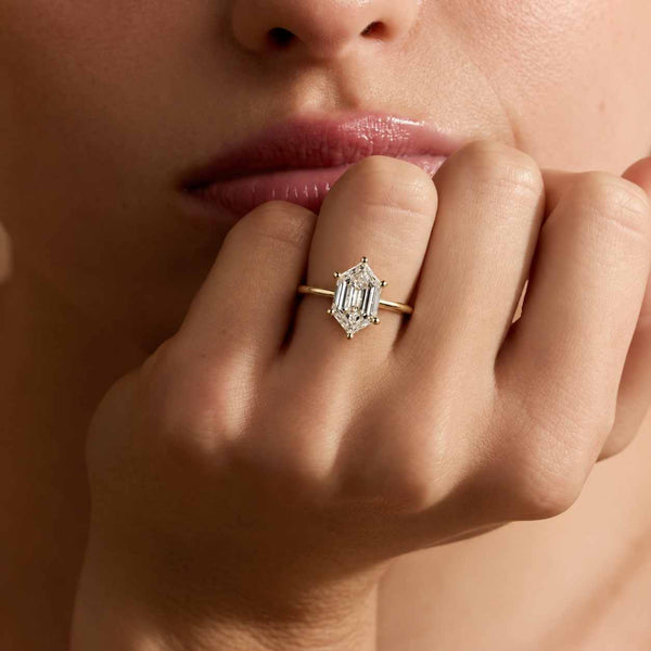 Hexagon Step Cut Lab Grown Diamond Ring, Bezel Set Engagement Ring, IGI Certified Antique Diamond Wedding Ring, Solitaire Gold Proposal Ring
