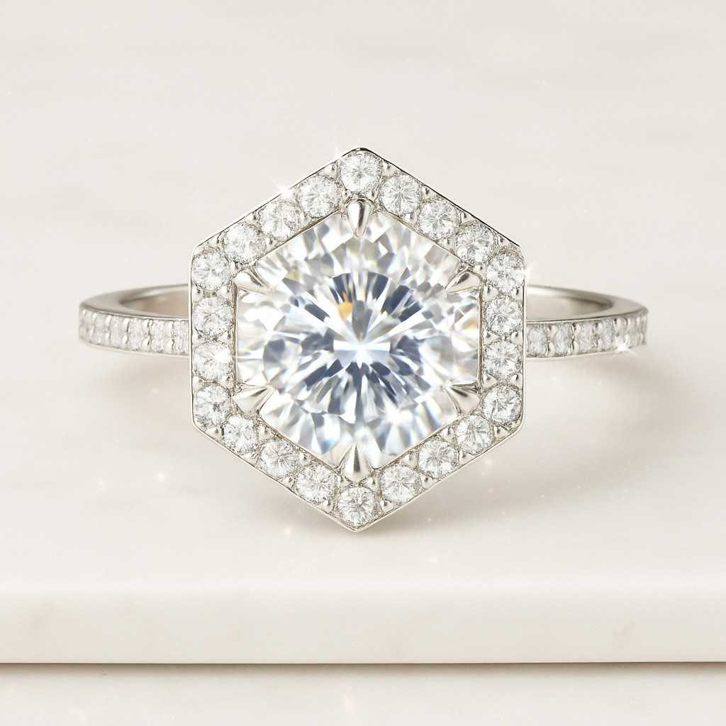 Hexagon cut Lab Grown Diamond Ring Hexagon Diamond Distance Pave Ring, 6 prong Diamond Ring 14k Gold Engagement RingWedding Ring Gift