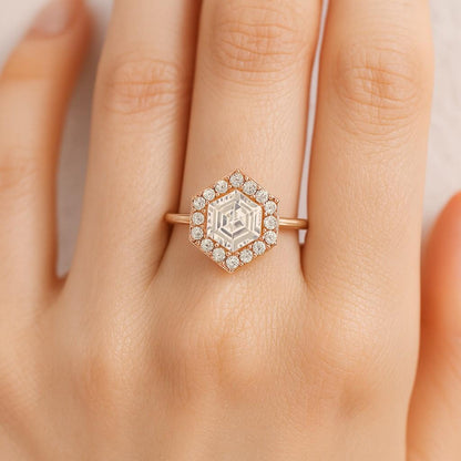 Hexagon cut Moissanite Solitaire Vintage Inspired Engagement Ring  14K Yellow Gold Filigree Engraving Wedding Band  Unique Gift for Her